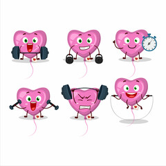 A healthy pink love balloon cartoon style trying some tools on Fitness center