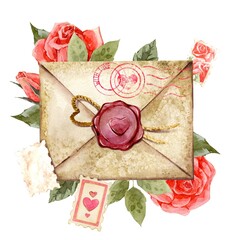 Love and Letters. Cliparts of romantic letters and envelopes. romantic compositions. Mother's Day, Valentine's Day. Hand drawn watercolor illustrations