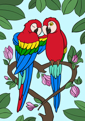 Cartoon birds. Two cute parrots red macaw sit on the tree branch. The branch looks like a heart.