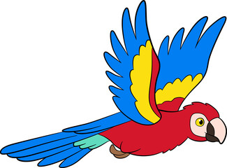 Cartoon birds. Parrot red macaw flies and smiles.