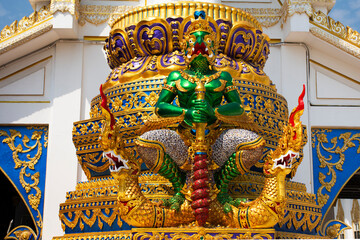 Garuda or Galon or Nan Belu deity angel statue legendary bird creature for thai people visit praying at Wat Charoen Rat Bamrung or Nong Pong Nok temple at Kamphaeng Saen in Nakhon Pathom, Thailand