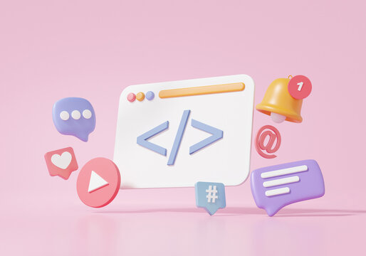 3D Minimal cartoon Coding language development on pink background. Web UI-UX design, software developer concept. programming application project. 3d render illustration