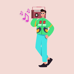 Happy man wearing a suit dancing jumps with a retro tape recorder.  Flat vector illustration.