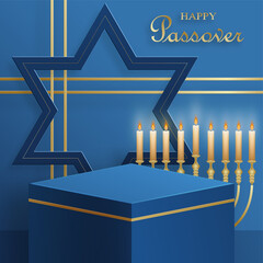 Happy Pessah podium stage for the Passover holiday with nice and creative Jewish symbols on blue color background for Pesach Jewish holiday 