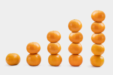 Close-up view of layered oranges on white background