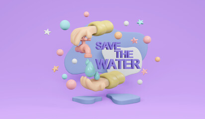 Fototapeta premium 3D Rendering of hand stop running water drop from tap on background poster campaign concept save the water day in March poster. 3D render illustration minimal cartoon style.