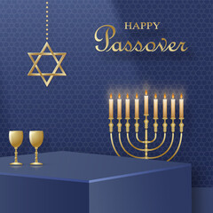 Happy Pessah podium stage for the Passover holiday with nice and creative Jewish symbols on blue color background for Pesach Jewish holiday 