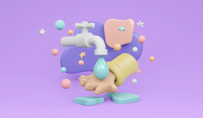 3D Rendering of hand holding water drop from tap on background poster campaign concept save the water day in March poster. 3D render illustration minimal cartoon style.