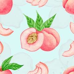 Peach fruit hand drawn watercolor cute seamless pattern. Summer food background. Texture for wrapping paper, textile, scrapbooking.