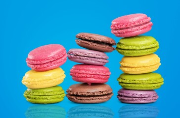 Tasty sweet macarons cakes of different colors. Culinary and cooking concept.