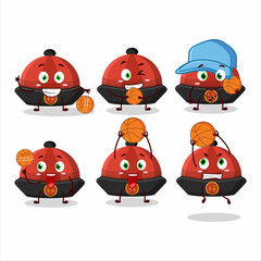 Talented red chinese traditional hat cartoon character as a basketball athlete