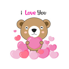 Fototapeta na wymiar Cute bear holding pink hearts. Saying i love you.