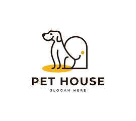 Adorable dog sitting front door line vector logo design. Friendly puppy paw sit happy logo design