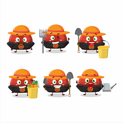 Farmer red chinese traditional hat cute mascot character with fork