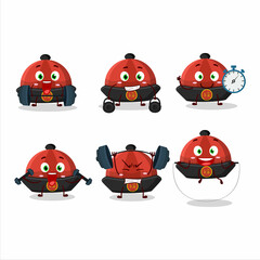 A healthy red chinese traditional hat cartoon style trying some tools on Fitness center