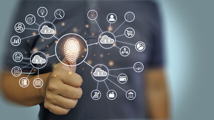 Person touching virtual screen to scan fingerprints, digital transformation management concept. Internet of Things, Big Data and Business Process Management, Operations Automation, Storage Systems