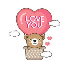 Cute Bear in hot air balloon.Valentine's day card.