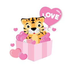 Cute tiger holding pink ballon and sit in the gift box. Valentines day greeting card.
