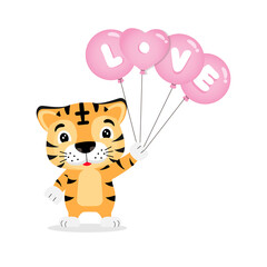 Cute tiger holding Love Balloon  for Valentine's Day.