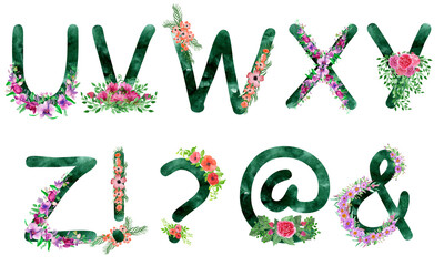 Alphabet with green watercolor fill and bouquets of flowers, peonies,poppies, roses, orchids.The set is suitable for greeting cards, invitations, for design works,crafts and hobbies.
