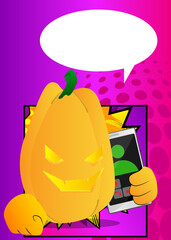 Decorative pumpkin for Halloween talking on cell phone as a cartoon character with face. Vector Illustration.