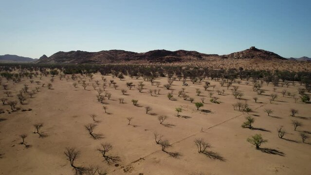 Traveling through unique Namibian desert landscape, dry conditions; aerial