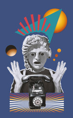 Black and white retro vintage old phone. Contemporary creative design of surprised statue head in pop art style