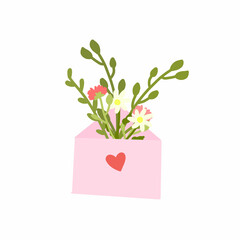 Spring bouquet in a soft pink envelope. Vector doodle illustration.Love letter in a bouquet of flowers. 