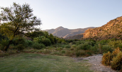 Light from the early morning sun moves up a green valley