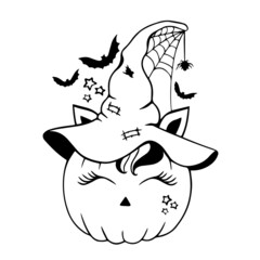 halloween pumpkin unicorn face bat illustration design