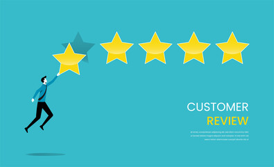 Fototapeta na wymiar Customer feedback 5 stars rating, evaluation ranking sign, businessman giving highest mark vector illustration