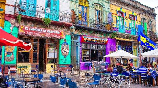 Buenos Aires, Argentina-September 15, 2017: Landmark El Caminito District with colorful painted houses and colorful cobbled streets