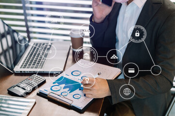 Working Process in Modern Office. Young Woman Account Manager Working at Wood Table with New Business Project. Typing keyboard,Using Contemporary Laptop.