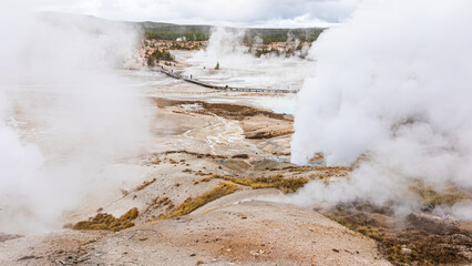 Landscape of hot zone with smoke in Yellowstone.