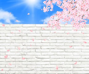 太陽の差し込む青い空の下、桜の花が舞い散る白いレンガのアンティークなおしゃれ壁紙背景素材
