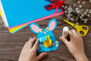 Instructions, step 7. Congratulation Easter bunny toy card with easter egg. Handmade. Project of childrens creativity, handicrafts, crafts for kids.