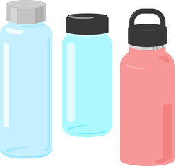 ガラスや金属製の水筒のイラストセット