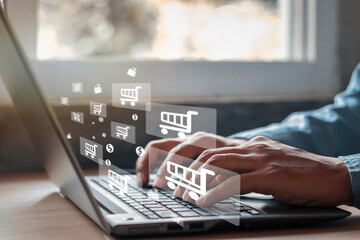 Man using laptop, online shopping concept, Social, media, Marketing concept.