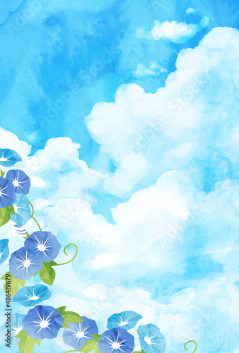青空と入道雲と朝顔の暑中見舞いのベクターイラスト背景 August Canvas Print Augu Honyojima
