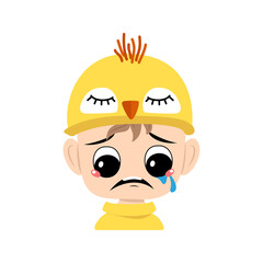 Avatar of boy with big eyes and crying and tears emotion, sad face, depressive eyes in chicken hat. Child with melancholy expression for Easter, New Year or costume for party. Vector flat illustration