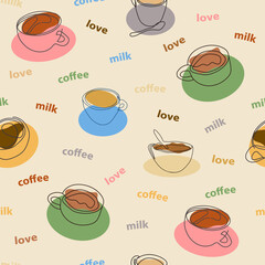 A pattern of coffee cups standing on multicolored saucers and the words 