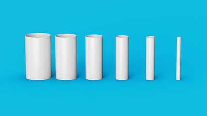 White PVC Pipe fittings joint, PVC Pipes Different size isolated on Blue background 3d illustration