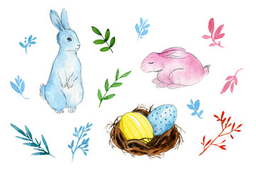 set of watercolor elements - easter bunnies, a nest with colorful eggs and decorative twigs with leaves on a white background.