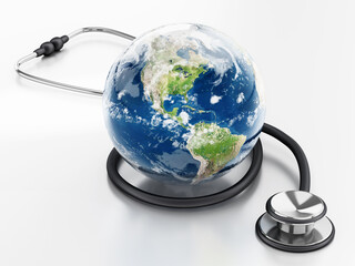 Stethoscope with a blue globe. 3D illustration