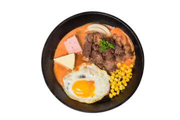 egg, pate, butter, pan-fried beef isolated on white background. Common dish with bread, popular street food in Vietnam