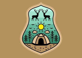 Colorful tent camping line art illustration badge