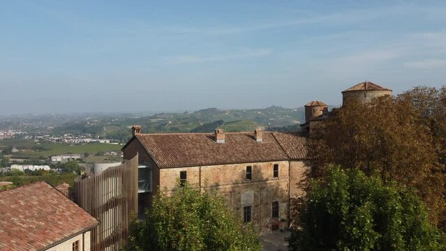 Roddi town and castle aerial view in Langhe, Piedmont Italy (Piemonte)