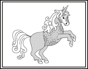 Unicorn Mandala vector and coloring page, doodle stylized unicorn head