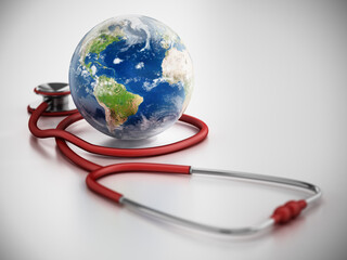 Stethoscope with a blue globe. 3D illustration