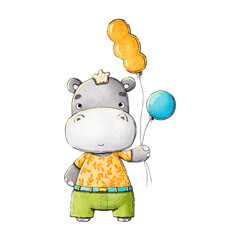 Cute hippo. Watercolor children's illustration. It can be used for posters, textile decor.